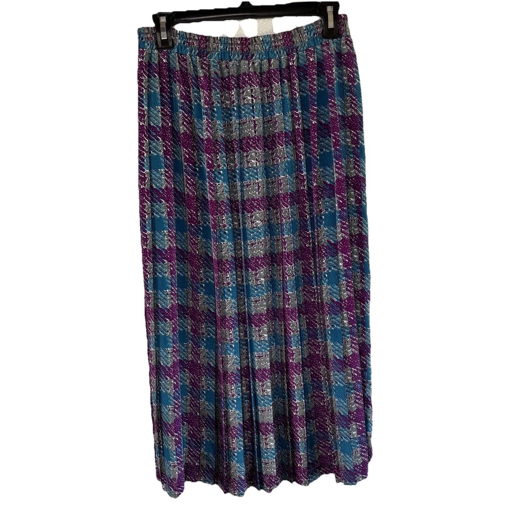 Vintage Xtrovert Pleated Skirt Womens 14 Blue Purple Plaid Elastic Waist Long